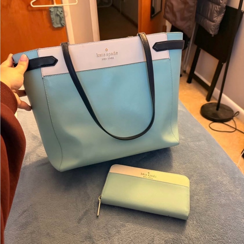 kate spade New York Mint and Light Blue Tote Bag with Matching Wallet